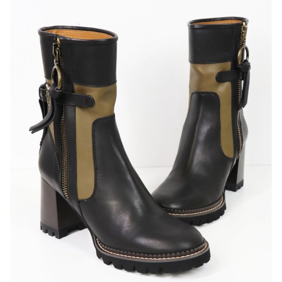 NWT See By Chloe Bryn Bootie Chunky Heel Ankle Boot Natural Calf Nero & Savana - Picture 4 of 10